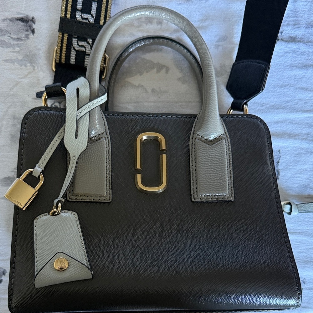 Marc Jacobs Black and Light Gray Leather Satchel with Gold Hardware